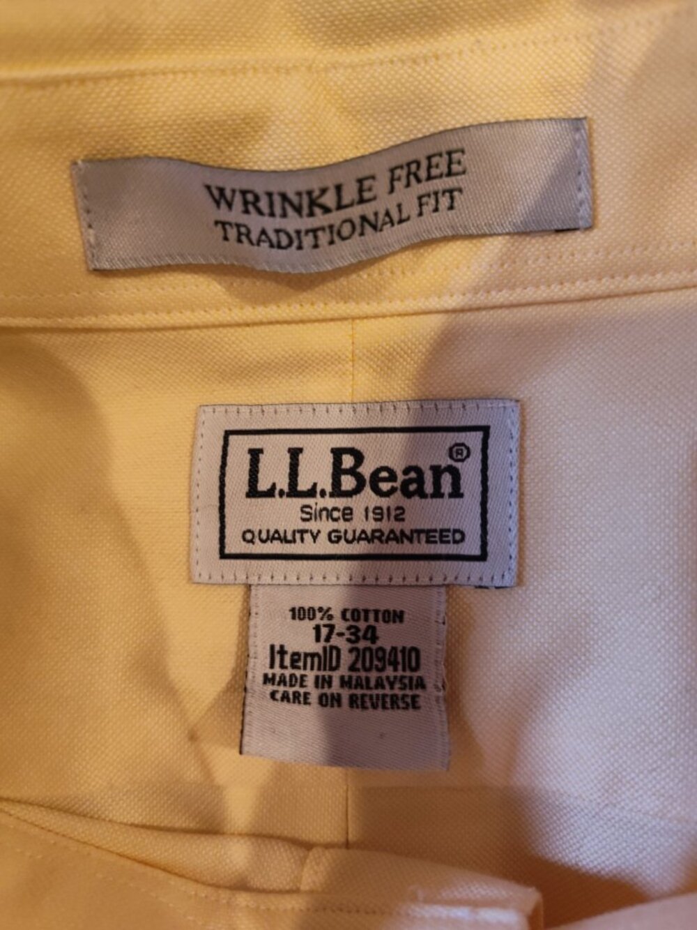 LL Bean Wrinkle-Free Traditional Fit Mens Shirt 100% Cotton Sz 17-34 Yellow micr - Picture 4 of 5